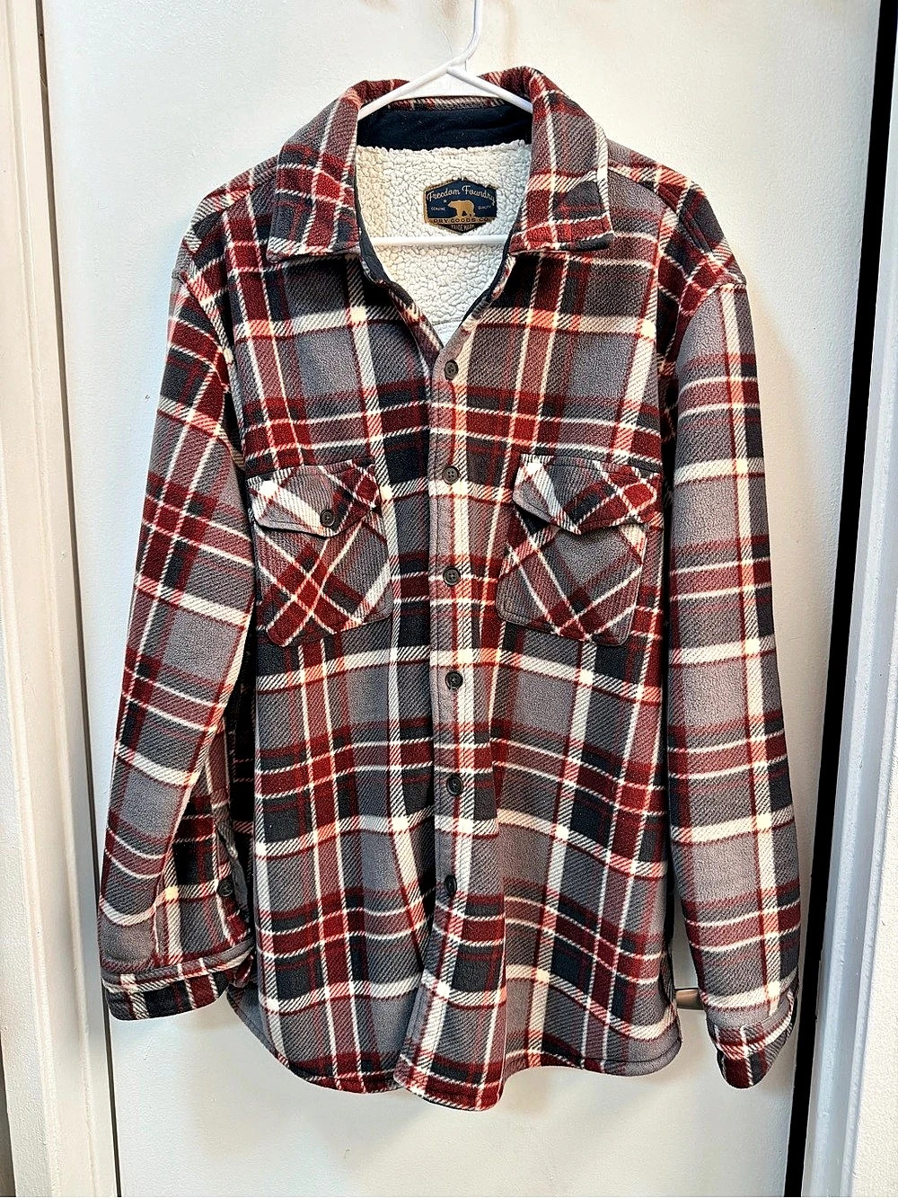 Freedom Foundry Plaid Sherpa-Lined Shirt Jacket in Red & Gray